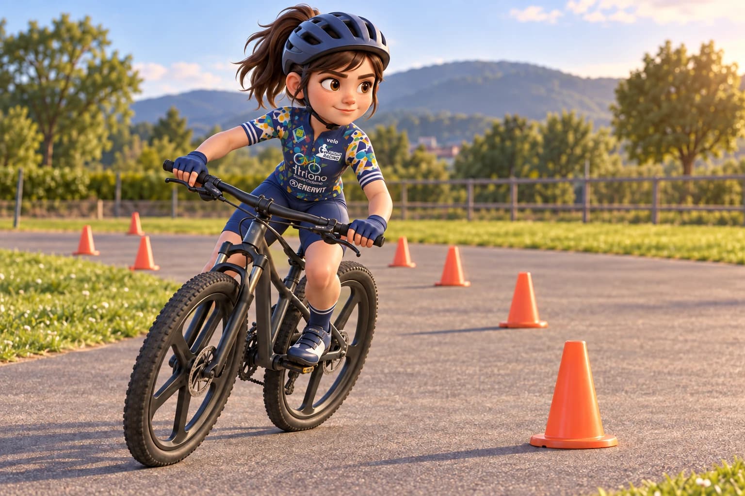 Vittoria guarda già verso il prossimo conetto mentre affronta uno slalom in bici, il corpo inclinato nella stessa direzione
