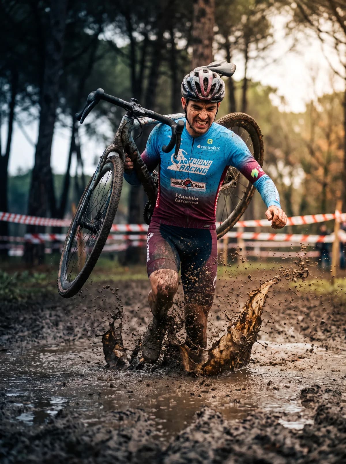 Ciclista in azione nel fango durante una gara di ciclocross