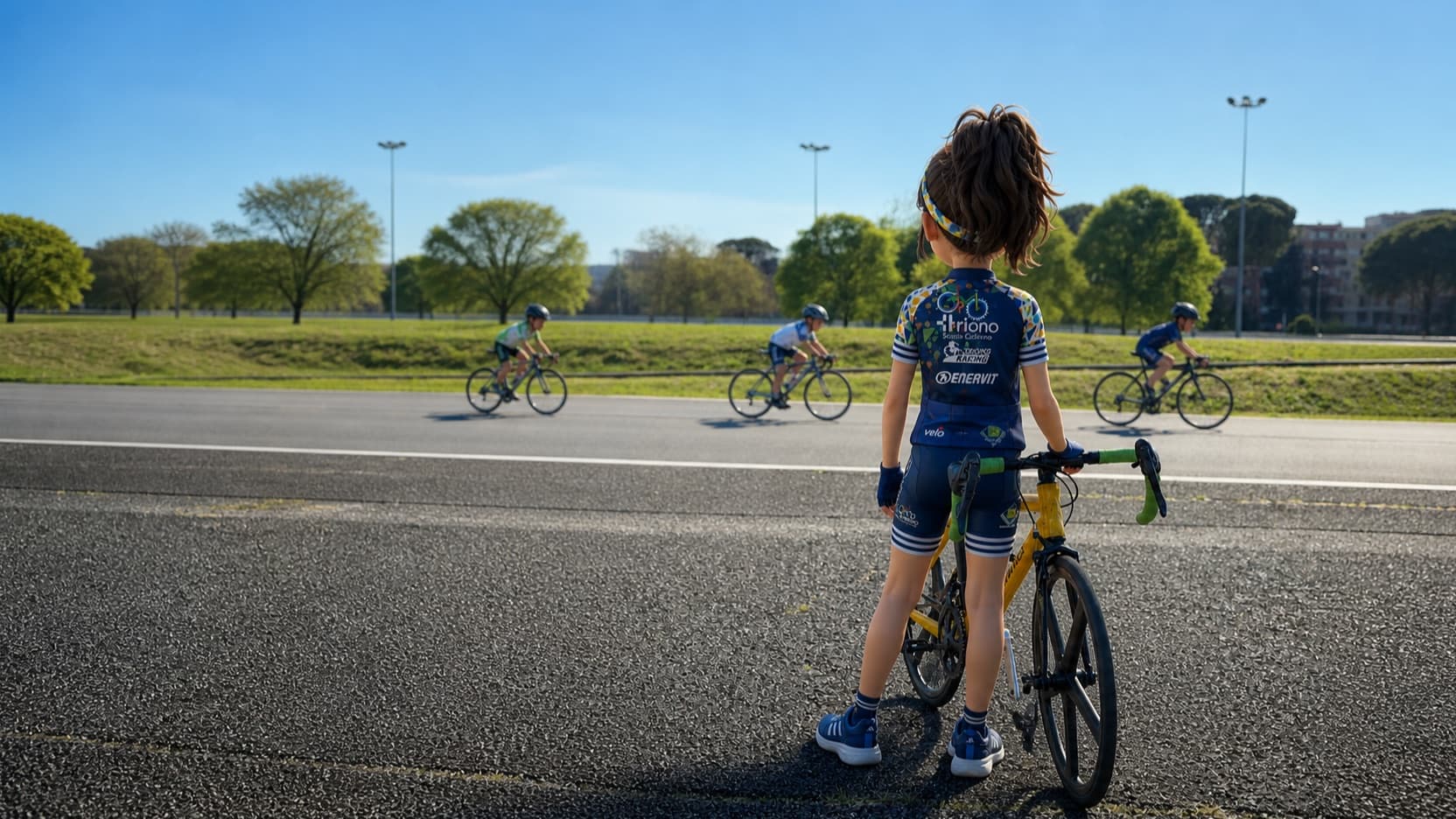Una bambina ferma a bordo pista con la bici in mano, di spalle, guarda i compagni che pedalano